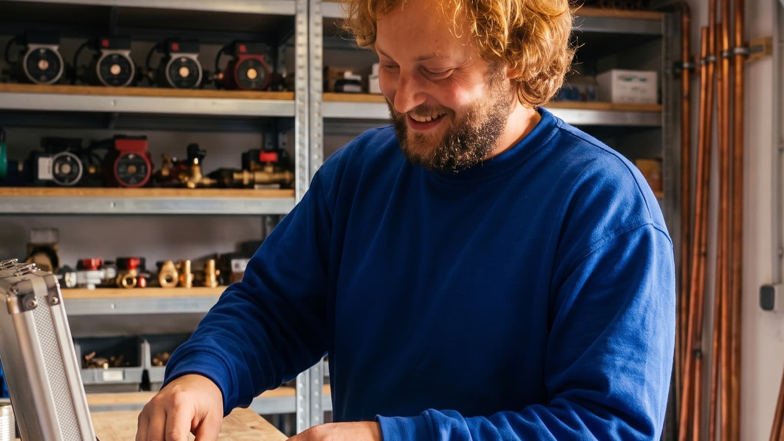 Technicus aan de werkbank, achter hem rekken met circulatiepompen en koppelstukken