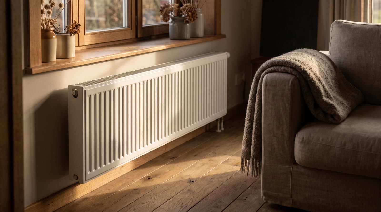 Een radiator onder het raam in een warme woonkamer